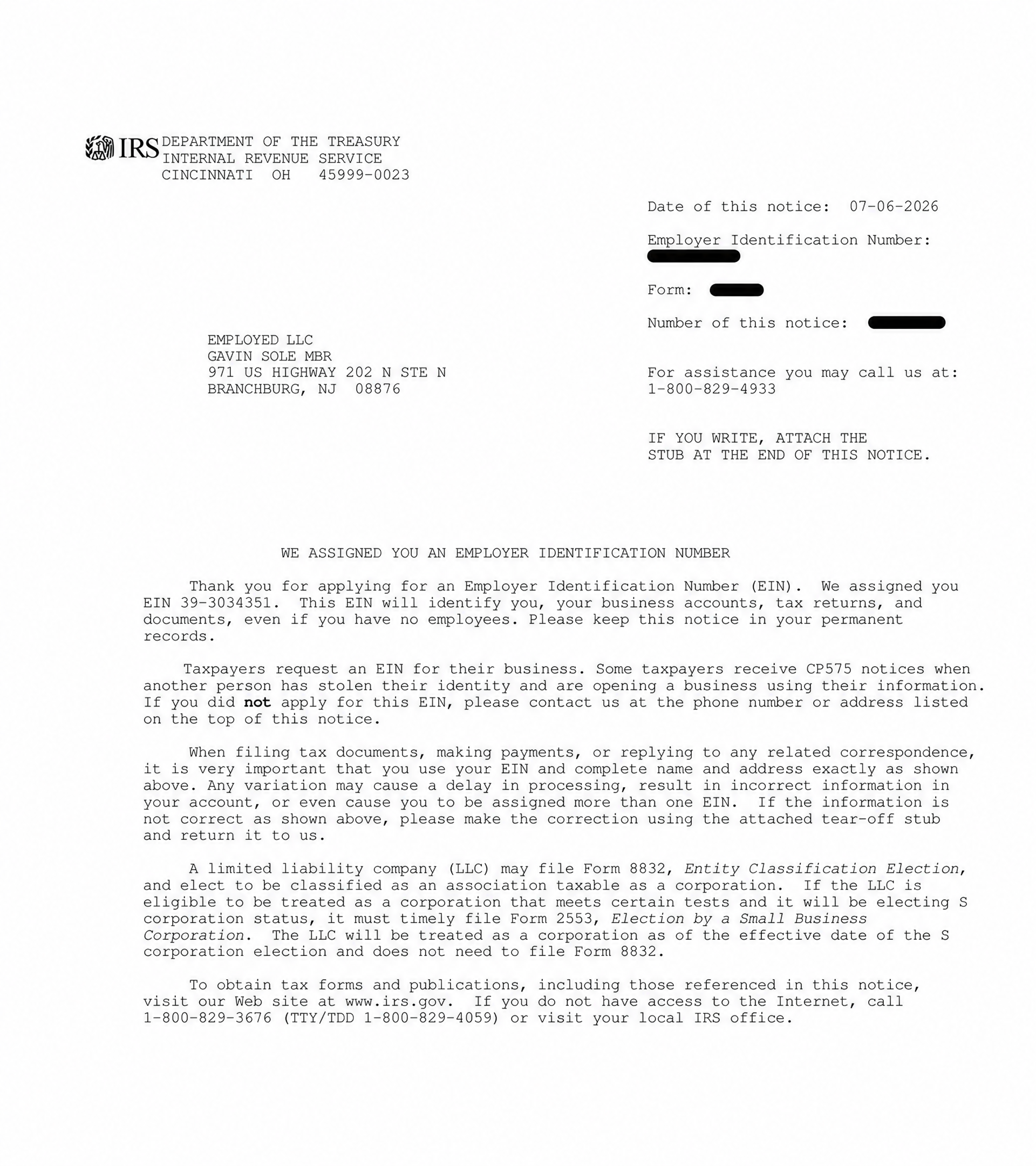 EMPLOYED LLC — IRS EIN Letter